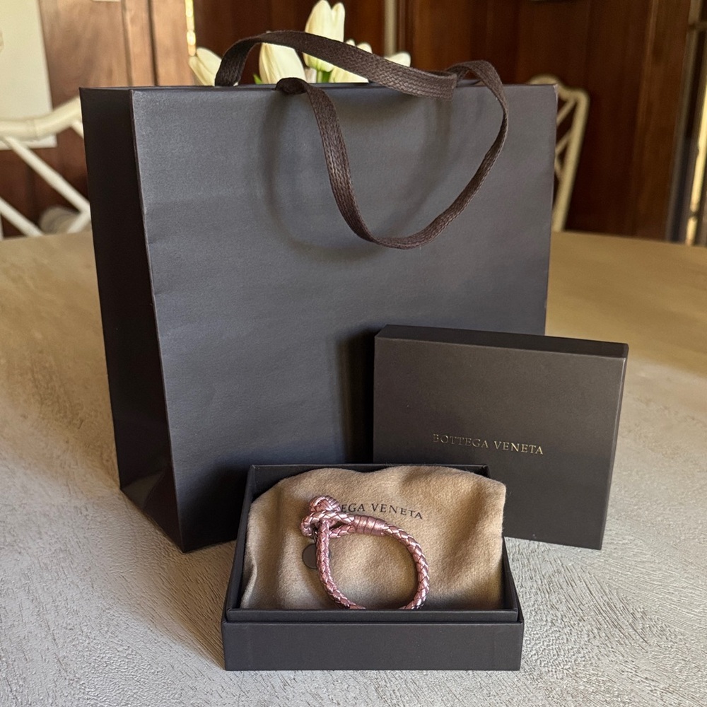 Bottega Veneta Metallic Pink Intrecciato Leather Double Row Knot Bracelet XS